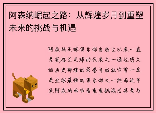 阿森纳崛起之路：从辉煌岁月到重塑未来的挑战与机遇