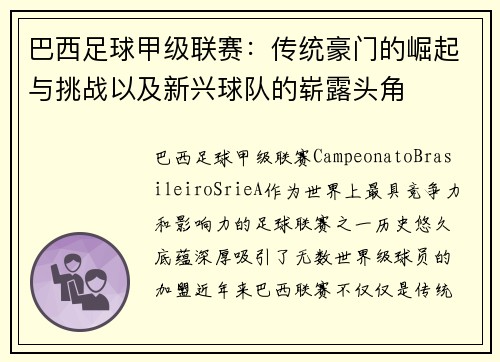 巴西足球甲级联赛：传统豪门的崛起与挑战以及新兴球队的崭露头角